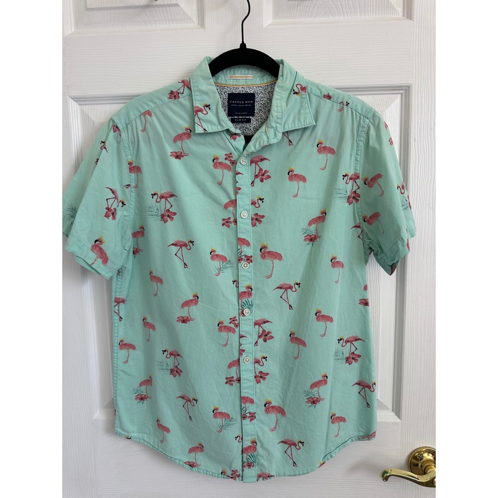 Cactus Man Ricky Singh Mint Green Flamingo Print Cotton Slim Fit Shirt Mens M